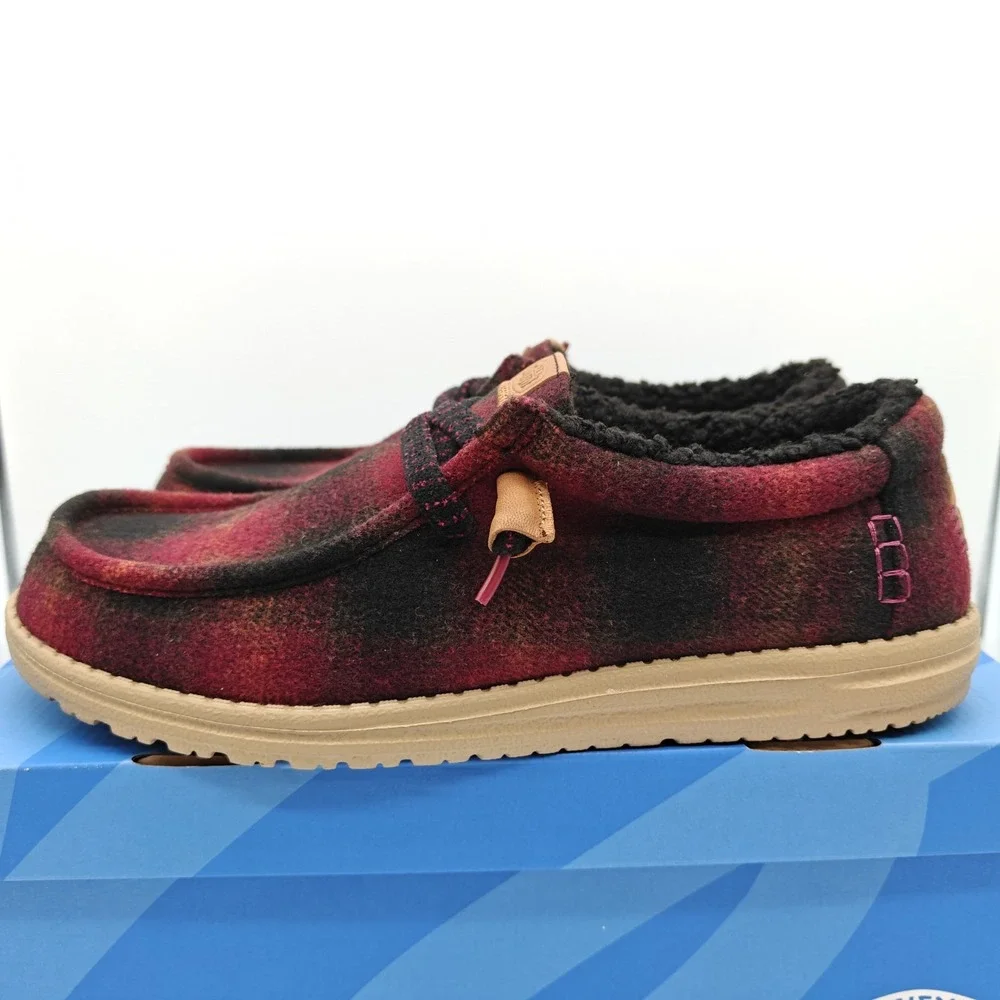 HEYDUDE Wally Cozy Plaid Men's Size 12 Red Plaid Black Slip On Shoes 44341-6RQ